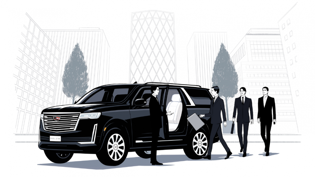 Illustration of a corporate chauffeur cadillac escalade transporting business travellers in a city.