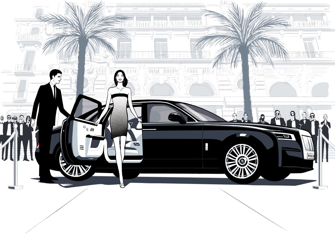 A man and woman pose beside a black Rolls Royce, showcasing luxury chauffeur services for special events.